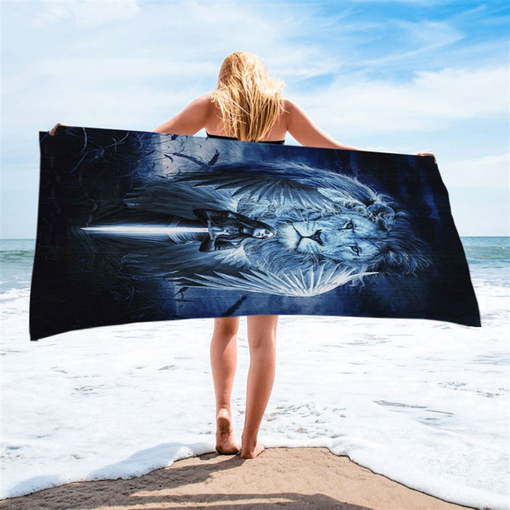 Woman Warrior Lion Of Judah Blue Night Beach Towel, Christian Beach Towel, Beach Towel