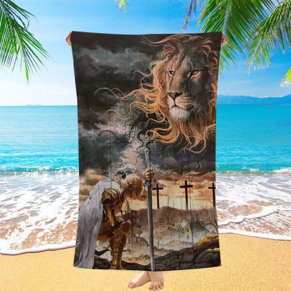 Women Warrior Kneel Before Lion Of Judah Beach Towel, Christian Beach Towel, Beach Towel