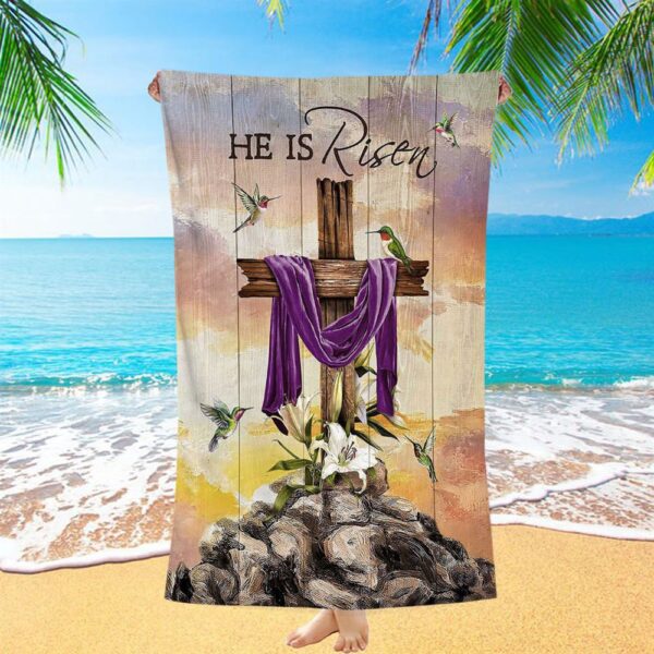 Wooden Cross Lily Flower Hummingbird He Is Risen Beach Towel, Christian Beach Towel, Beach Towel