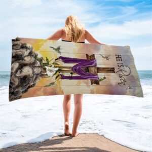 Wooden Cross Lily Flower Hummingbird He Is Risen Beach Towel Christian Beach Towel Beach Towel 2 j6bhv7.jpg