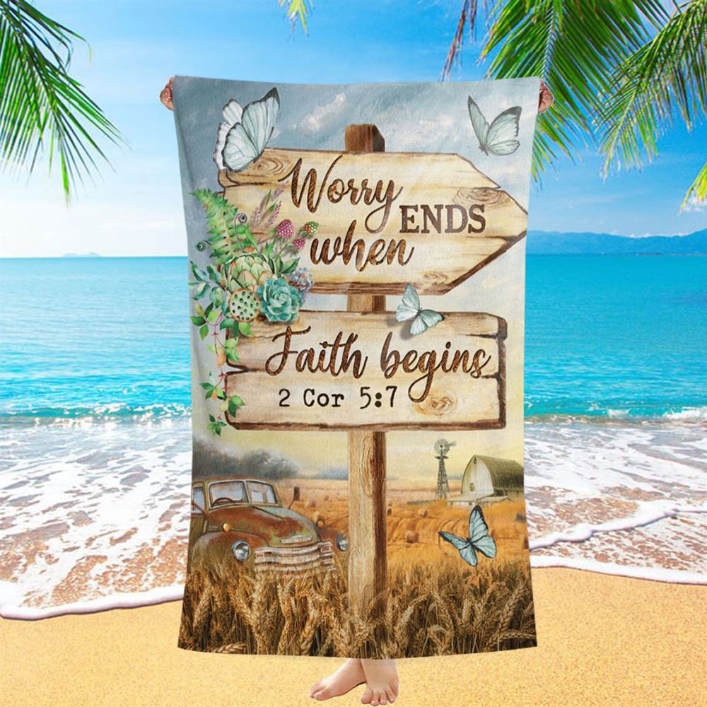 Worry Ends When Faith Begins Old Car Butterfly Countryside Beach Towel, Christian Beach Towel, Beach Towel
