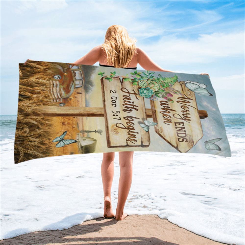 Worry Ends When Faith Begins Old Car Butterfly Countryside Beach Towel, Christian Beach Towel, Beach Towel