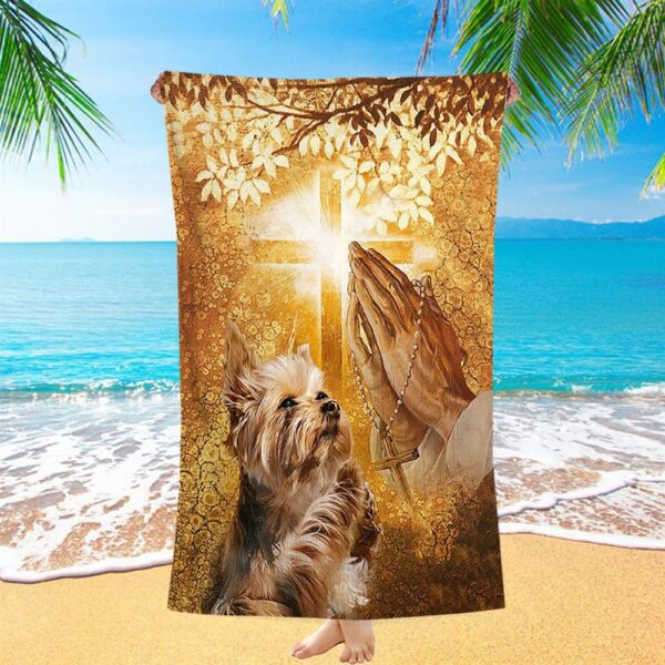 Yorkshire Terrier Dog Jesus Praying Hand Light Cross Beach Towel, Christian Beach Towel, Beach Towel