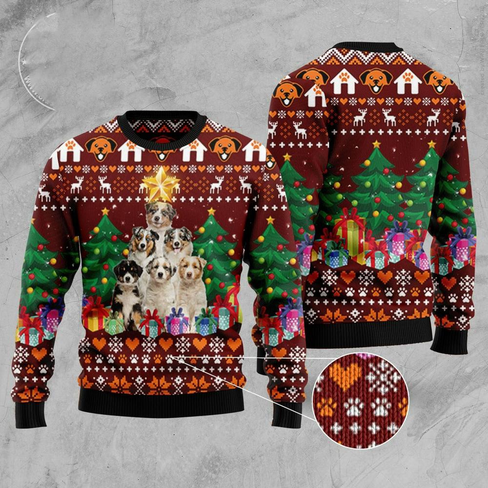 Australian Shepherd Pine Tree Ugly Christmas Sweater, Xmas Tree Sweater, Christmas Sweater