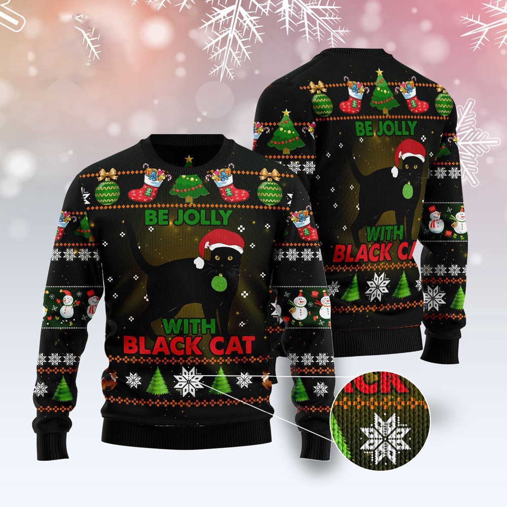 Black Cat Be Jolly Ugly Christmas Sweater, Christmas Cat Ugly Sweater, Ugly Cat Xmas Sweater