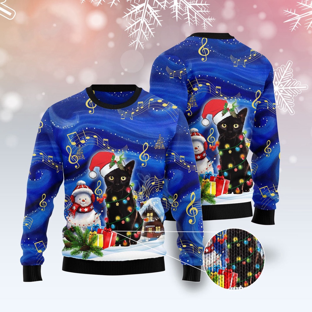 Black Cat Christmas Night Ugly Christmas Sweater, Christmas Cat Ugly Sweater, Ugly Cat Xmas Sweater