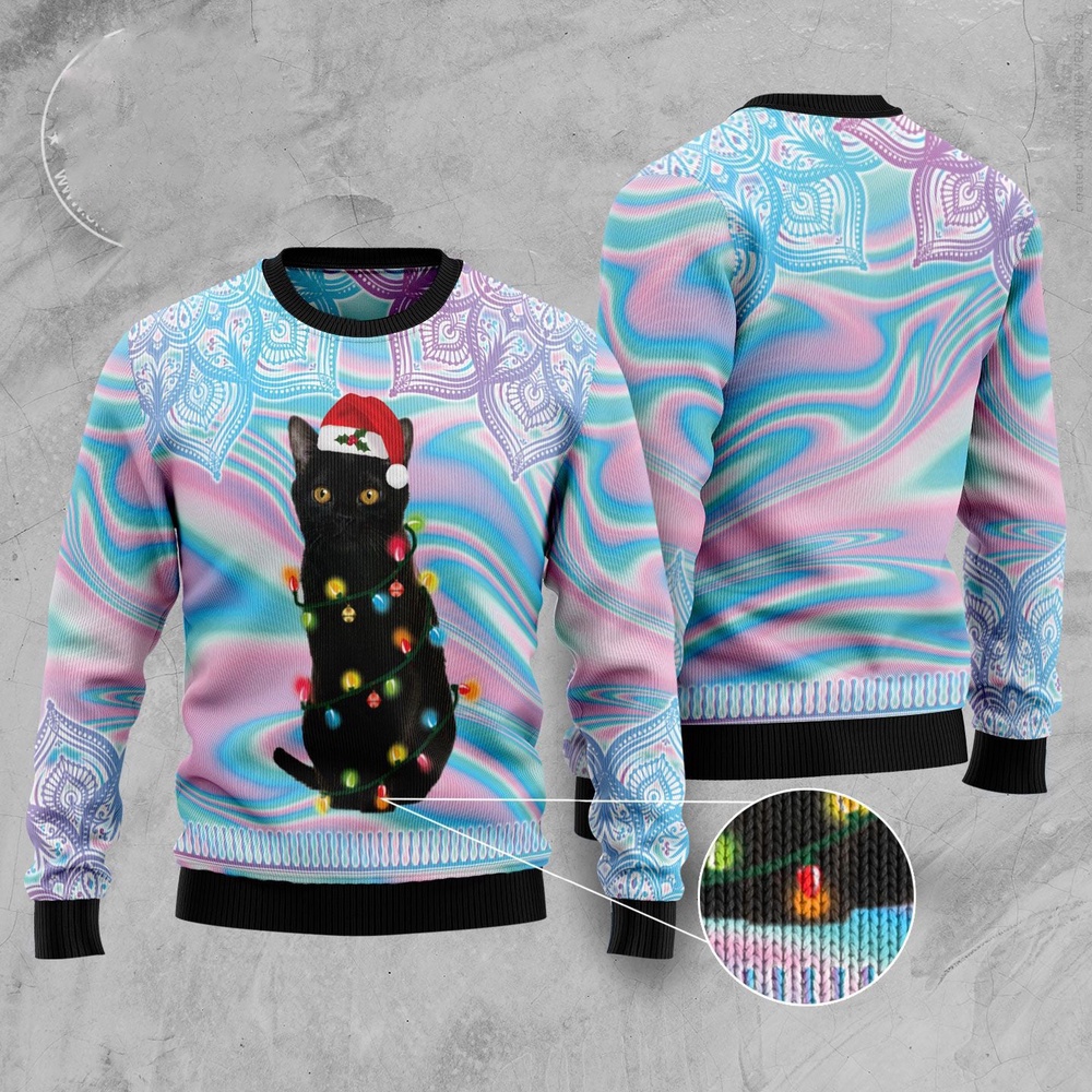 Black Cat Hologram Pattern Ugly Christmas Sweater, Christmas Cat Ugly Sweater, Ugly Cat Xmas Sweater Black Cat Hologram Pattern Ugly Christmas Sweater, Christmas Cat Ugly Sweater, Ugly Cat Xmas Sweater