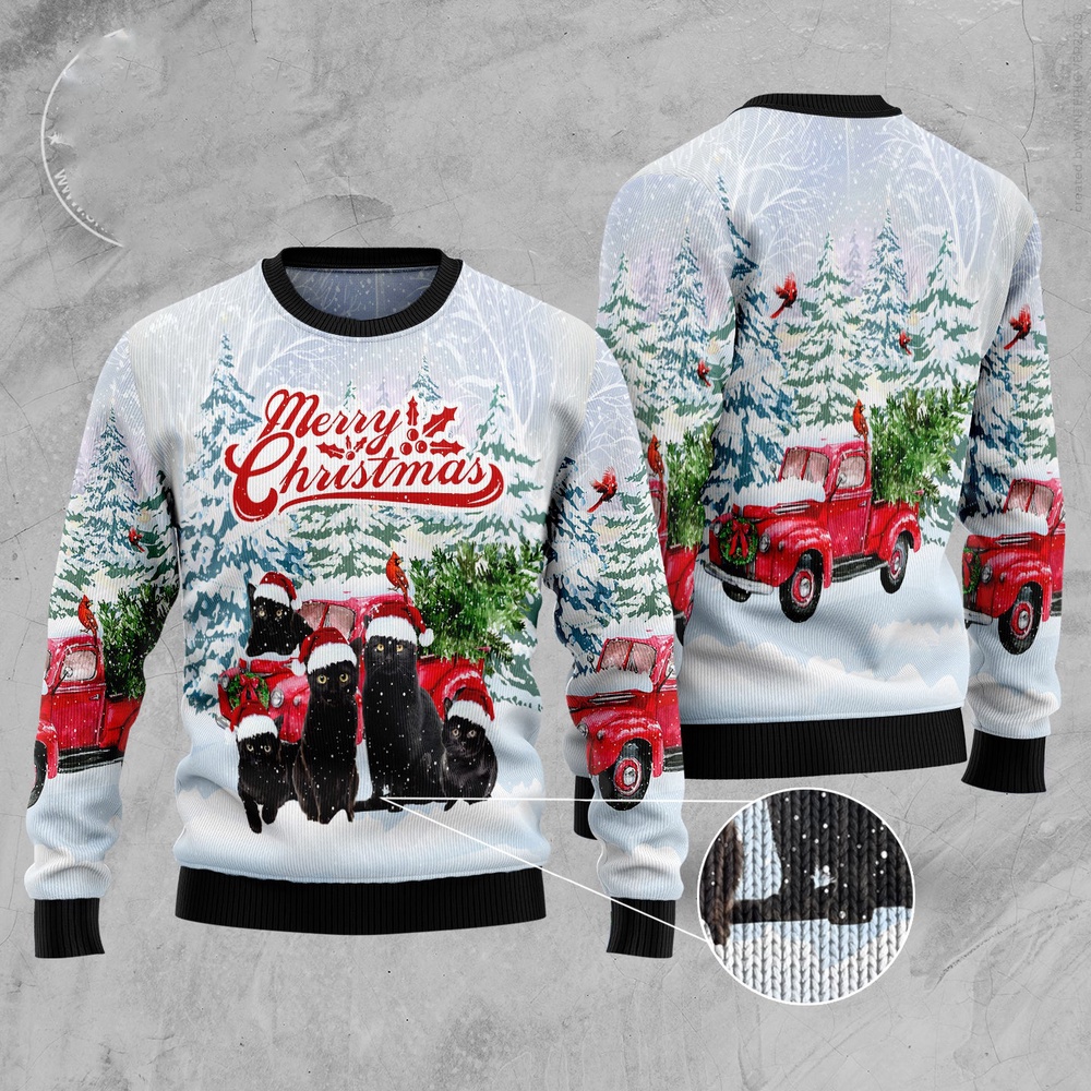 Black Cat Merry Christmas Ugly Christmas Sweater, Christmas Cat Ugly Sweater, Ugly Cat Xmas Sweater