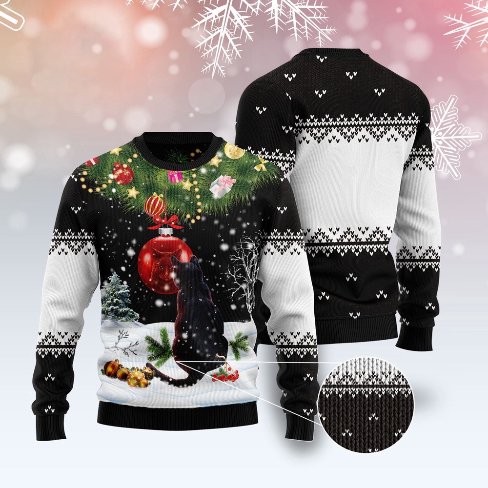 Black Cat Mirror Ugly Christmas Sweater, Christmas Cat Ugly Sweater, Ugly Cat Xmas Sweater
