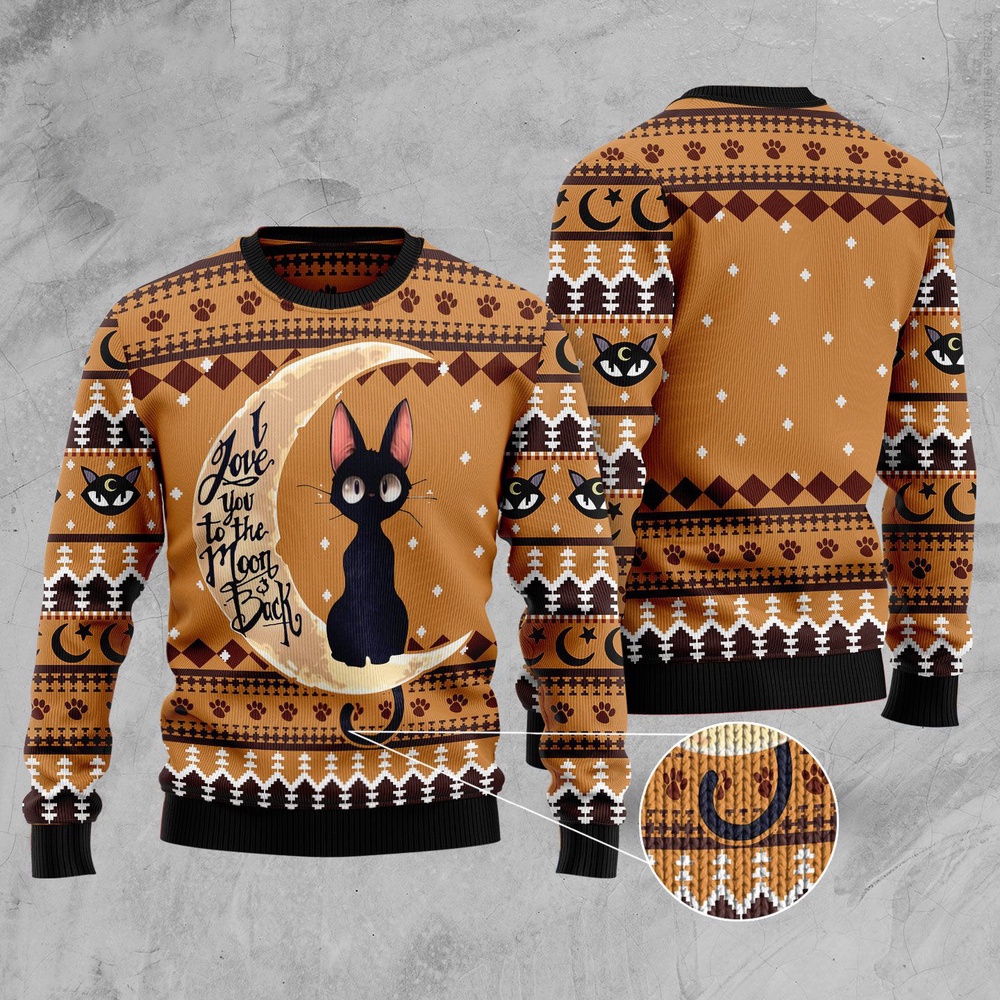 Black Cat Moon And Back Ugly Christmas Sweater, Christmas Cat Ugly Sweater, Ugly Cat Xmas Sweater
