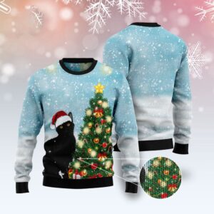 Black Cat Noel Tree Ugly Christmas Sweater,…