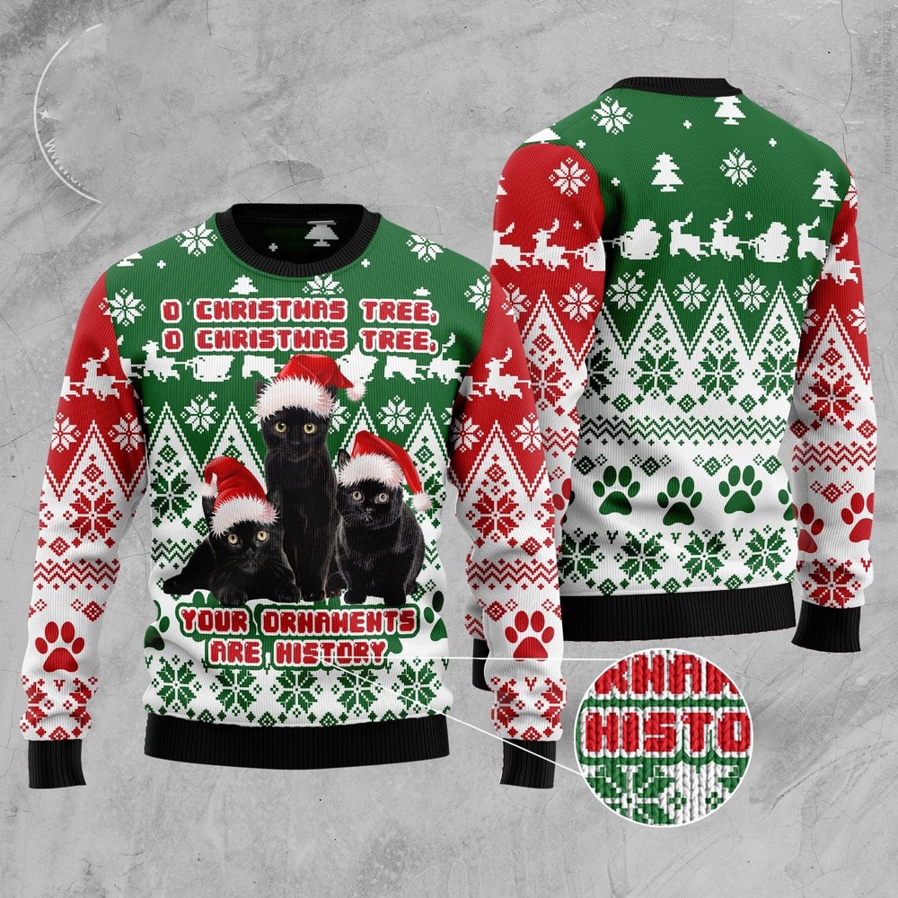 Black Cat Oh Christmas Tree Ugly Christmas Sweater, Christmas Cat Ugly Sweater, Ugly Cat Xmas Sweater