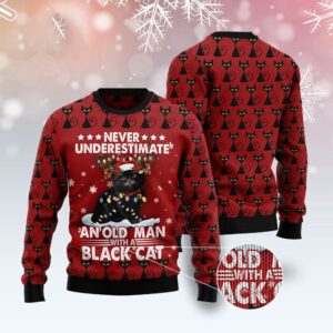 Black Cat Old Man Ugly Christmas Sweater,…