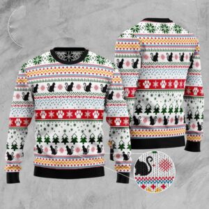 Black Cat Pattern Ugly Christmas Sweater, Christmas…