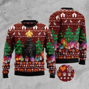 Black Cat Pine Tree Ugly Christmas Sweater,…