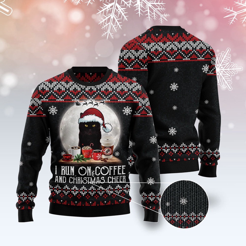 Black Cat Run On Coffee Ugly Christmas Sweater, Christmas Cat Ugly Sweater, Ugly Cat Xmas Sweater Black Cat Run On Coffee Ugly Christmas Sweater, Christmas Cat Ugly Sweater, Ugly Cat Xmas Sweater