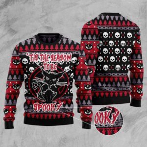 Black Cat Spooky Halloween Ugly Christmas Sweater,…