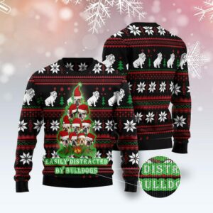Bulldog Pine Tree Christmas Ugly Christmas Sweater,…