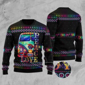 Car Hippie Peace Love Ugly Christmas Sweater,…