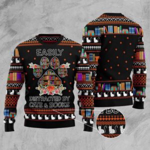 Cat And Books Christmas Ugly Christmas Sweater,…