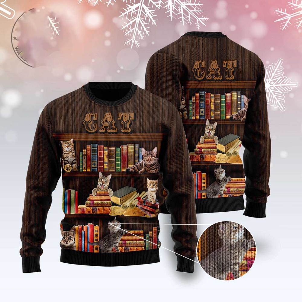 Cat Bookcase Ugly Christmas Sweater, Christmas Cat Ugly Sweater, Ugly Cat Xmas Sweater Cat Bookcase Ugly Christmas Sweater, Christmas Cat Ugly Sweater, Ugly Cat Xmas Sweater