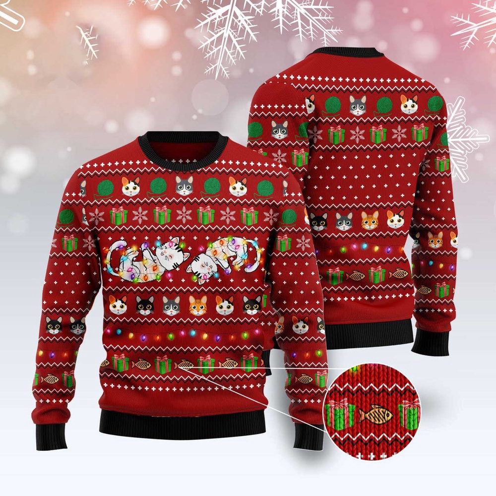 Cat Light Ugly Christmas Sweater, Christmas Cat Ugly Sweater, Ugly Cat Xmas Sweater