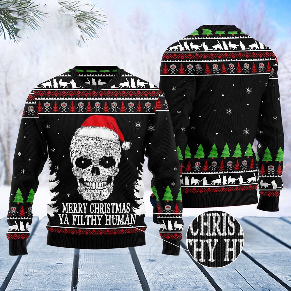 Cat Skull Santa Ugly Christmas Sweater, Christmas Cat Ugly Sweater, Ugly Cat Xmas Sweater