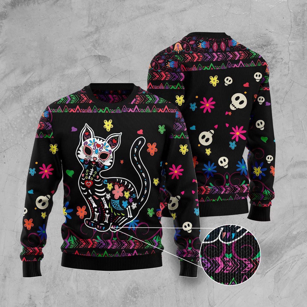 Cat Sugar Skull Ugly Christmas Sweater, Christmas Cat Ugly Sweater, Ugly Cat Xmas Sweater