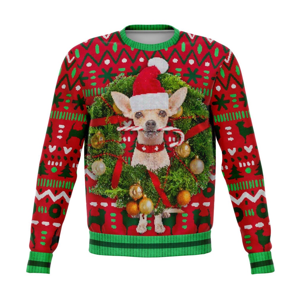 Chihuahua With Wreath Christmas Ugly Sweater, Christmas Sweater, Ugly Sweater, Funny Xmas Sweaters