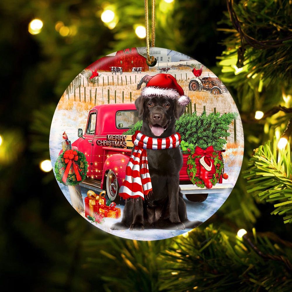 Chocolate Labrador With Red Truck Christmas Ornament, Christmas Ornament, Dog Ornament, Xmas Dog Ornaments