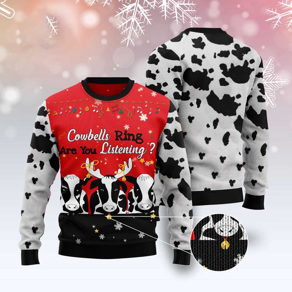 Cow Bell Rings Ugly Christmas Sweater, Christmas Sweater, Ugly Sweater, Funny Xmas Sweaters