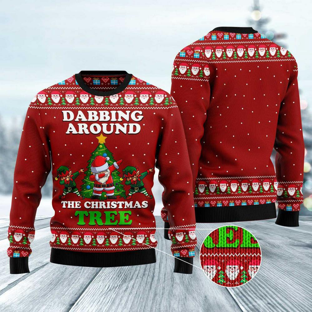 Dabbing Around The Christmas Tree Santa Claus And Goblin Ugly Christmas Sweater, Xmas Tree Sweater, Christmas Sweater