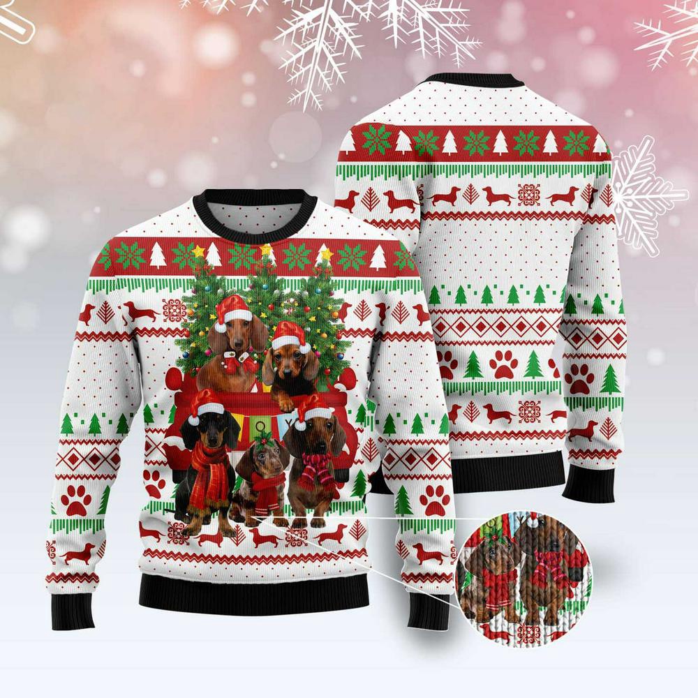 Dachshund Red Truck Christmas Tree Ugly Christmas Sweater, Xmas Tree Sweater, Christmas Sweater