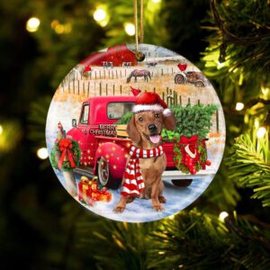 Dachshund With Red Truck Christmas Ornament, Christmas…