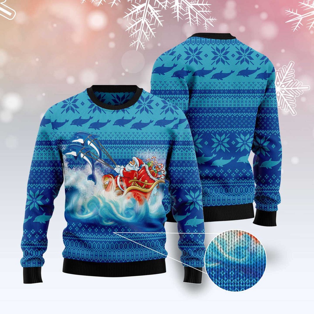 Dolphin Riding The Waves With Santa Ugly Christmas Sweater, Christmas Sweater, Ugly Sweater, Funny Xmas Sweaters