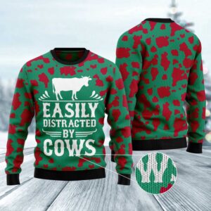 Easily Distracted By Cows Ugly Christmas Sweater,&hellip;