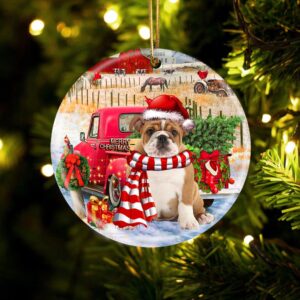 English Bulldog With Red Truck Christmas Ornament,…