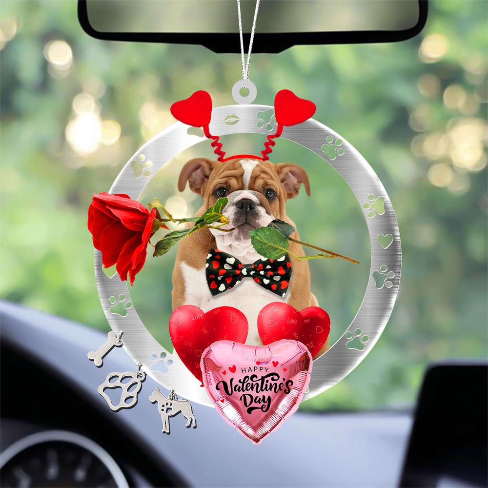 English Bulldog With Rose & Heart Balloon Ornament, Christmas Ornament, Dog Ornament, Xmas Dog Ornaments