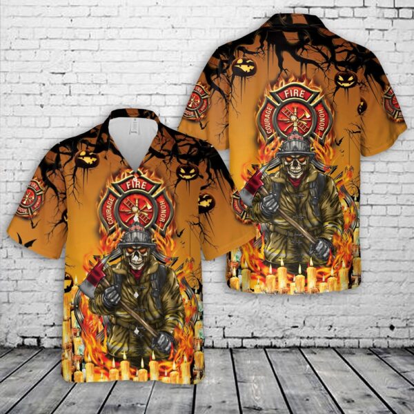 Firefighter skull Halloween Hawaiian Shirt, Halloween Hawaiian Shirt, Horror Hawaiian Shirt