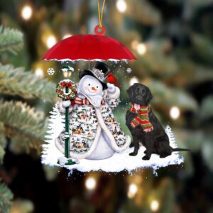 Flat coated retriever black With Snowman Ornament,…