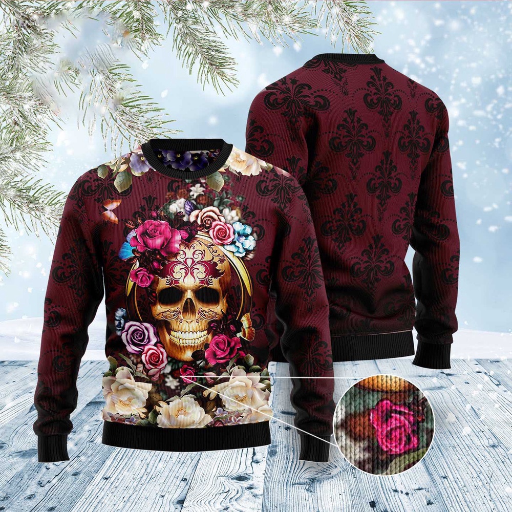 Flower Skull Ugly Christmas Sweater, Christmas Sweater, Ugly Sweater, Funny Xmas Sweaters