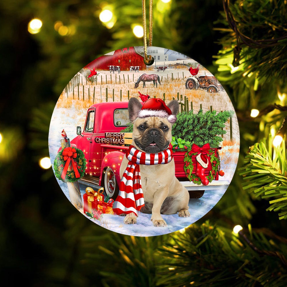 French Bulldog With Red Truck Christmas Ornament, Christmas Ornament, Dog Ornament, Xmas Dog Ornaments