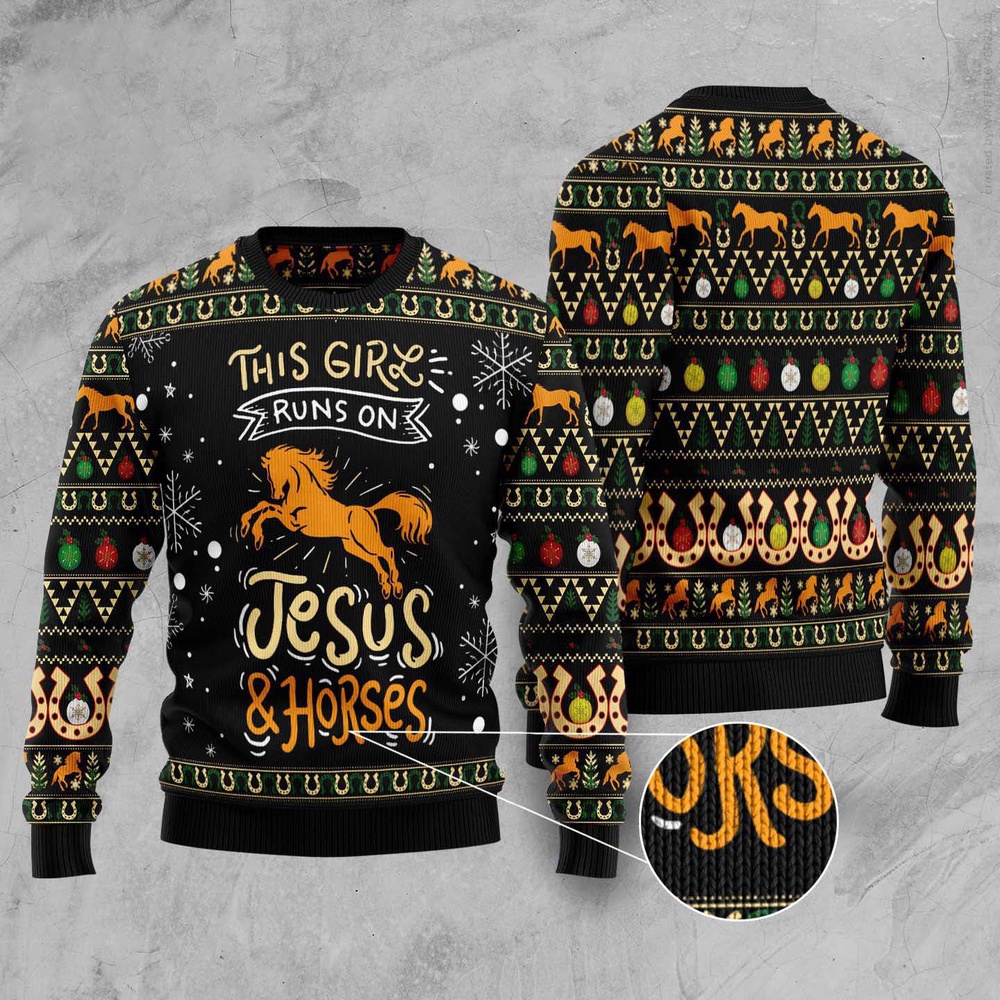 Girls Run On Jesus And Horses Ugly Christmas Sweater, Christmas Sweater, Ugly Sweater, Funny Xmas Sweaters