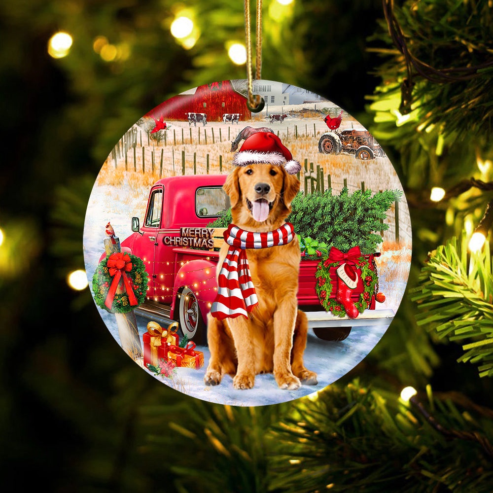 Golden Retriever With Red Truck Christmas Ornament, Christmas Ornament, Dog Ornament, Xmas Dog Ornaments