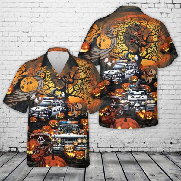 Halloween Police Car Hawaiian Shirt, Halloween Hawaiian Shirt, Horror Hawaiian Shirt