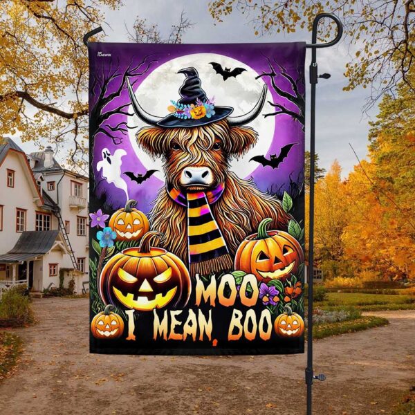 Highland Cow Halloween Moo I Mean Boo Flag, Halloween Flag, Halloween Garden Flags, Halloween House Flags