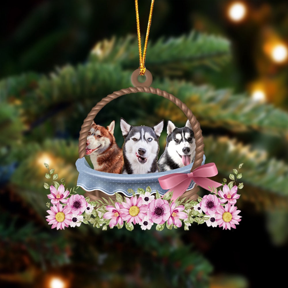 Husky Dogs In The Basket Ornament, Christmas Ornament, Dog Ornament, Xmas Dog Ornaments