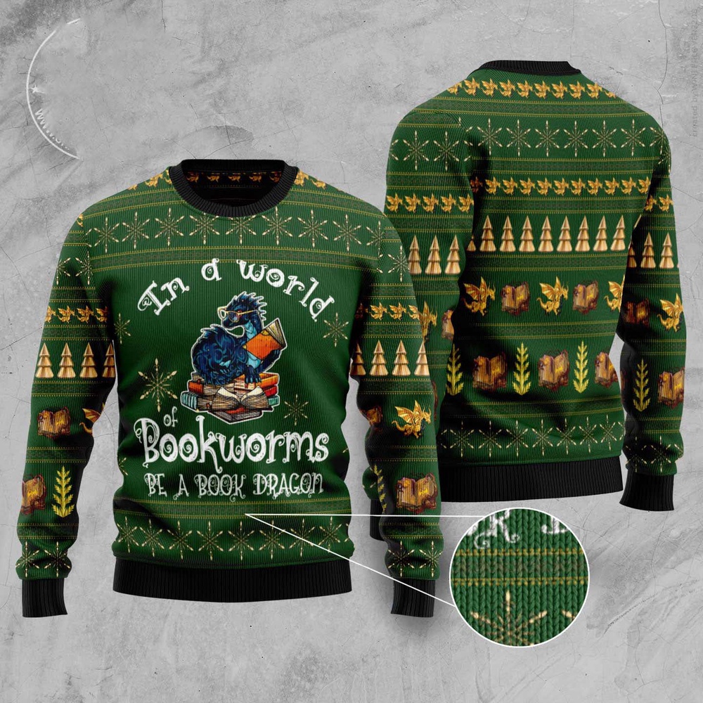 In A World Of Bookworms Be A Book Dragon Ugly Christmas Sweater, Christmas Sweater, Ugly Sweater, Funny Xmas Sweaters In A World Of Bookworms Be A Book Dragon Ugly Christmas Sweater, Christmas Sweater, Ugly Sweater, Funny Xmas Sweaters