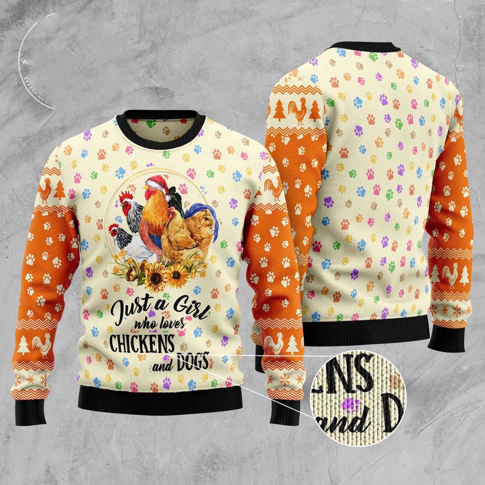 Just A Girl Who Loves Chickens And Dogs Ugly Christmas Sweater, Dog Ugly Christmas Sweater, Ugly Dog Sweaters