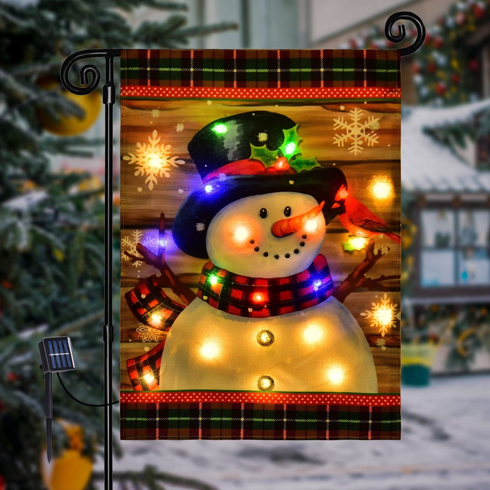LED Lighted Snowman Plaid Christmas Garden FlagXmas, Garden Flags, Outdoor Xmas Flags, Christmas Flag Outdoor